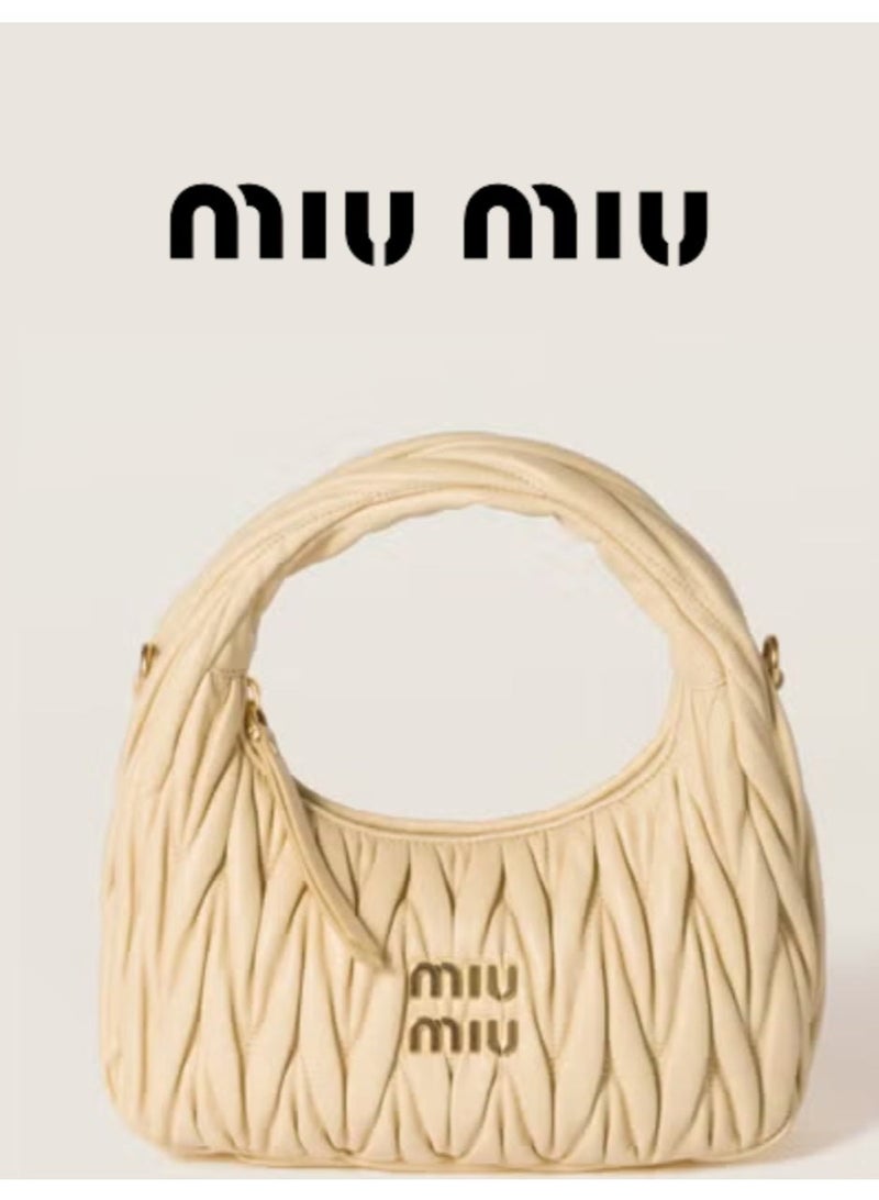 MIU MIU Wander Matelassé Nappa Leather Hobo Bag, Women's Tote Bag, Womens Cross-Body Bag, Women's Hand Bag, Women's Shoulder Bag, Women's Travel Bag, Beige - Image 1