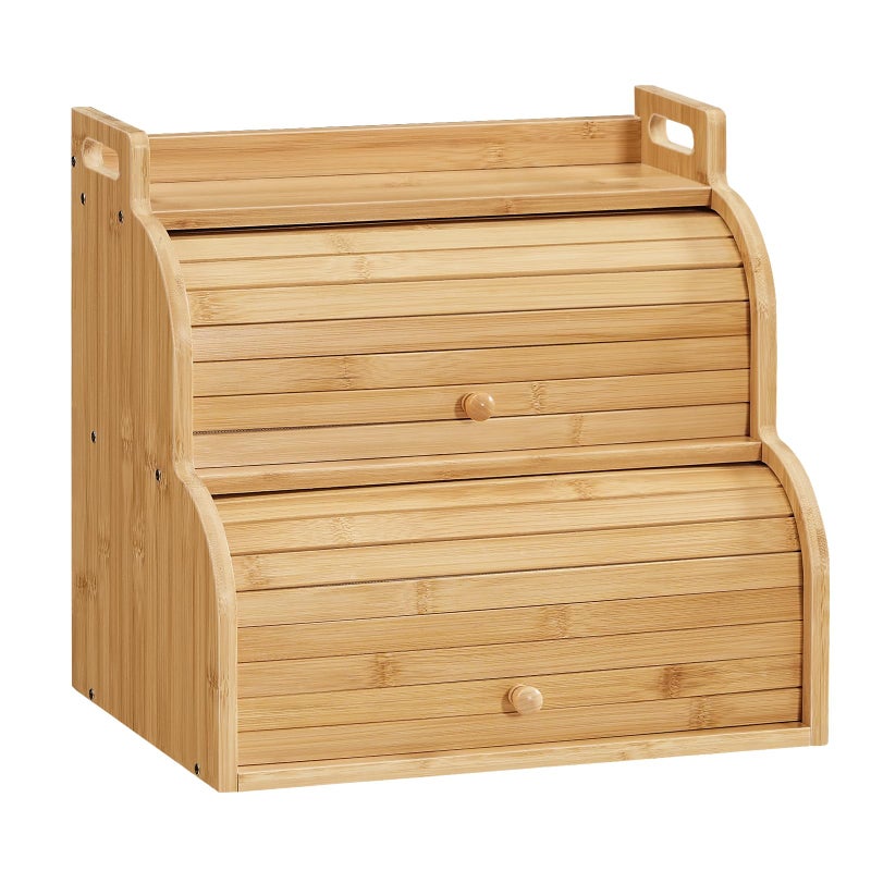 HOOBRO Bread Box, Bamboo Bread Box for Kitchen Countertop, 2-Tier Roll-Top Bread Bin, Food Storage Box, Bamboo Storage Cabinet with Handles, for Kitchen, Dining Room, Natural YL15MB01 - Image 1
