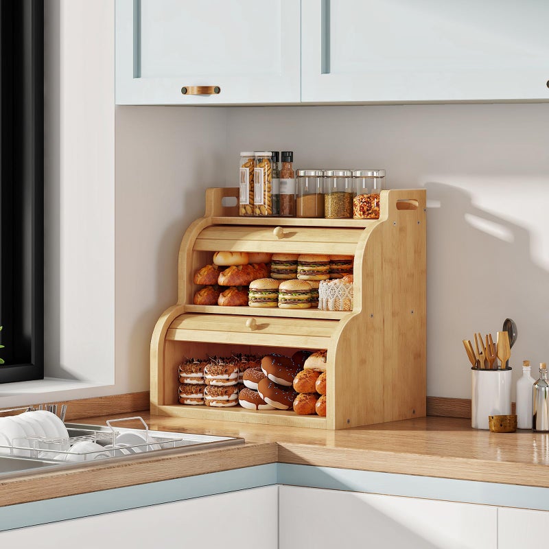 HOOBRO Bread Box, Bamboo Bread Box for Kitchen Countertop, 2-Tier Roll-Top Bread Bin, Food Storage Box, Bamboo Storage Cabinet with Handles, for Kitchen, Dining Room, Natural YL15MB01 - Image 4