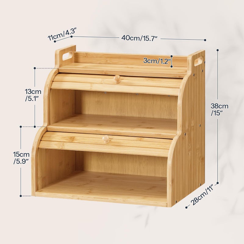 HOOBRO Bread Box, Bamboo Bread Box for Kitchen Countertop, 2-Tier Roll-Top Bread Bin, Food Storage Box, Bamboo Storage Cabinet with Handles, for Kitchen, Dining Room, Natural YL15MB01 - Image 2