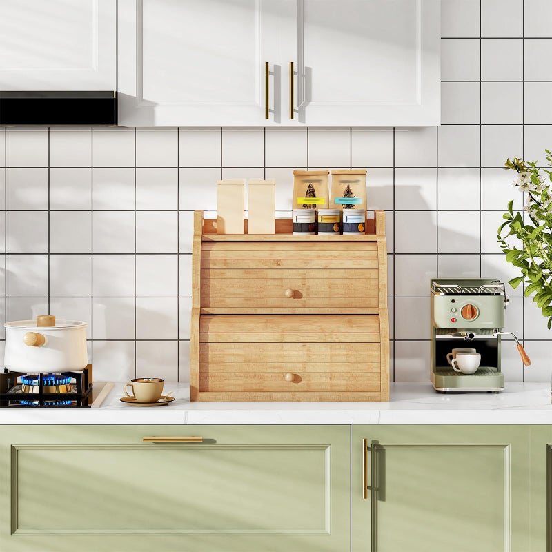 HOOBRO Bread Box, Bamboo Bread Box for Kitchen Countertop, 2-Tier Roll-Top Bread Bin, Food Storage Box, Bamboo Storage Cabinet with Handles, for Kitchen, Dining Room, Natural YL15MB01 - Image 3
