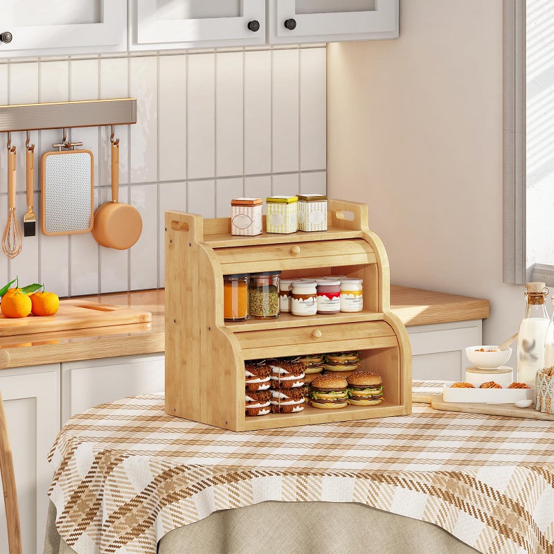 HOOBRO Bread Box, Bamboo Bread Box for Kitchen Countertop, 2-Tier Roll-Top Bread Bin, Food Storage Box, Bamboo Storage Cabinet with Handles, for Kitchen, Dining Room, Natural YL15MB01 - Image 5