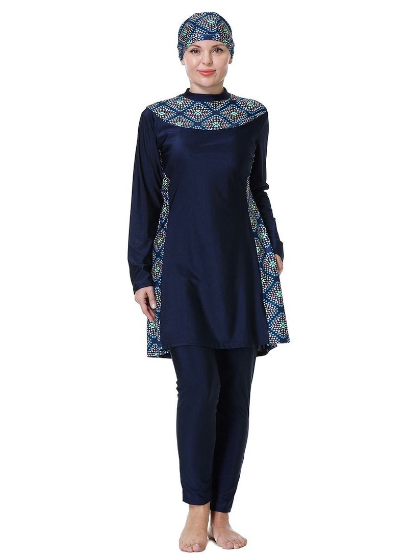 Loquat Large Size Loose Printed Swimwear Set Womens Long Sleeve Burkini Swimsuit Set Navy Blue  - Image 1