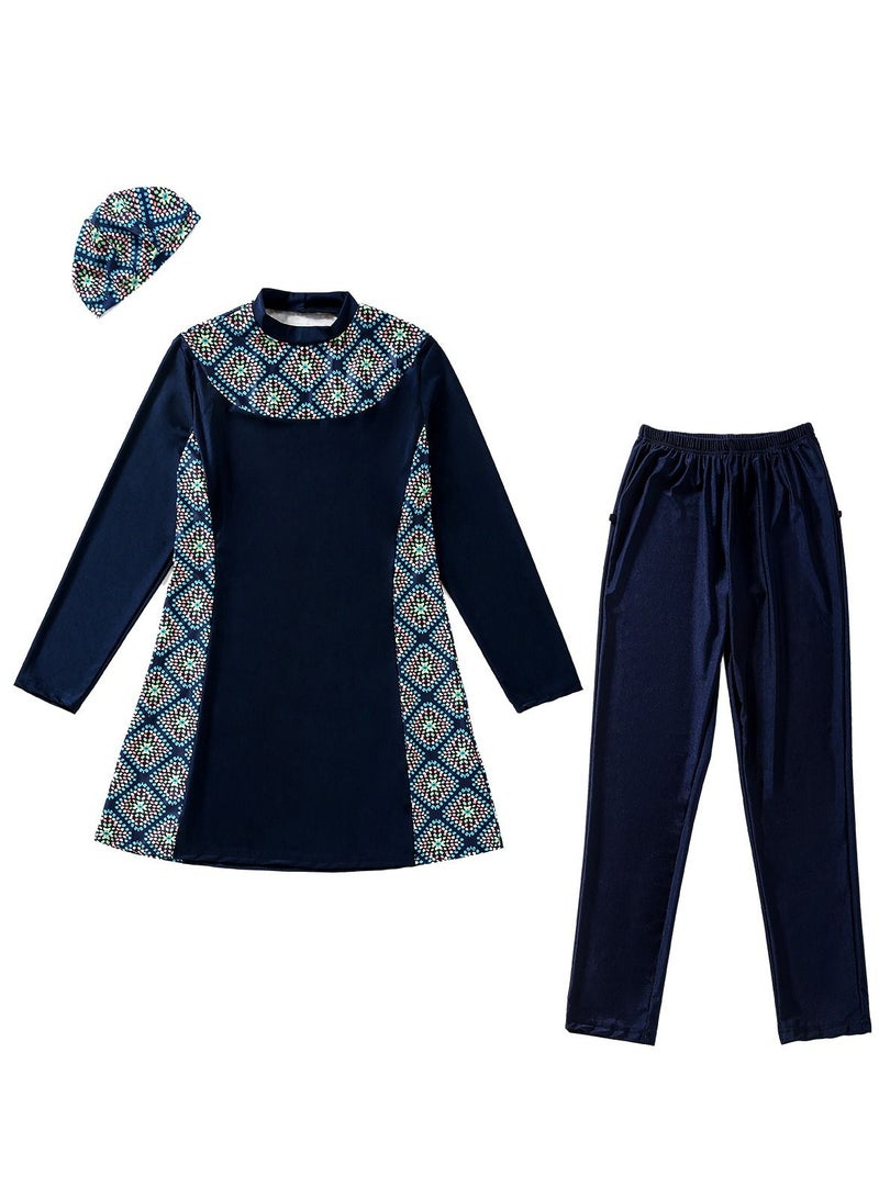 Loquat Large Size Loose Printed Swimwear Set Womens Long Sleeve Burkini Swimsuit Set Navy Blue  - Image 2