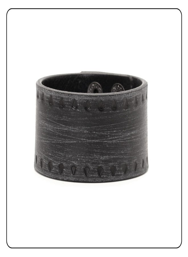 Fusamk Punk Rock Print Pattern Wristband Wide Leather Cuff Bracelet(Black Leather) - Image 3