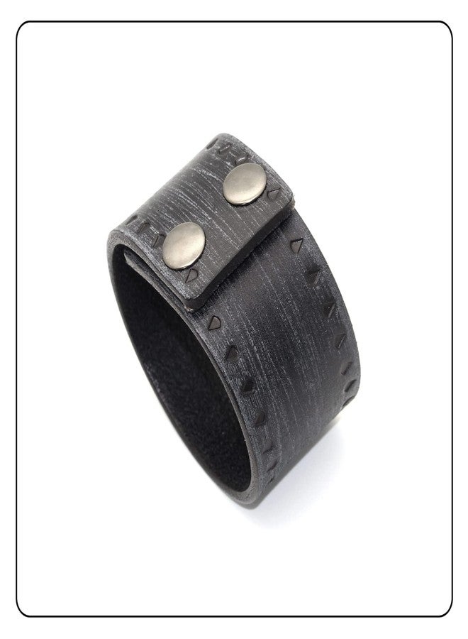 Fusamk Punk Rock Print Pattern Wristband Wide Leather Cuff Bracelet(Black Leather) - Image 2