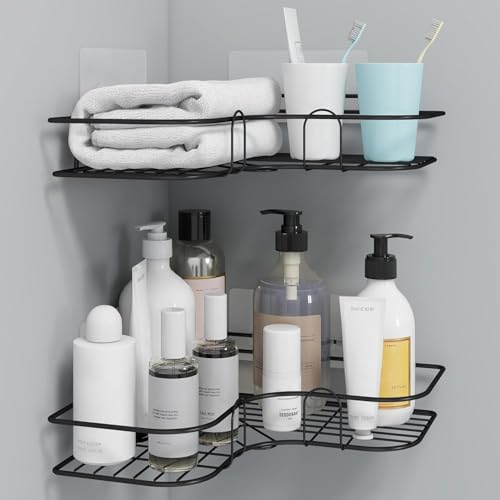 RACKORA Bathroom Metal Organiser Without Drill Corner Shelf Adhesive Stand | Holder for Bathroom Accessories (Pack of 2, Black) - Image 4