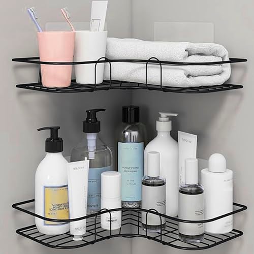 RACKORA Bathroom Metal Organiser Without Drill Corner Shelf Adhesive Stand | Holder for Bathroom Accessories (Pack of 2, Black) - Image 1
