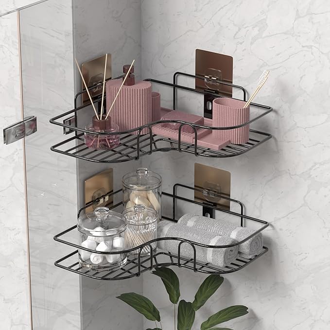 RACKORA Bathroom Metal Organiser Without Drill Corner Shelf Adhesive Stand | Holder for Bathroom Accessories (Pack of 2, Black) - Image 5
