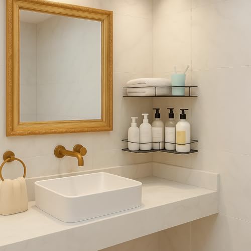 RACKORA Bathroom Metal Organiser Without Drill Corner Shelf Adhesive Stand | Holder for Bathroom Accessories (Pack of 2, Black) - Image 3