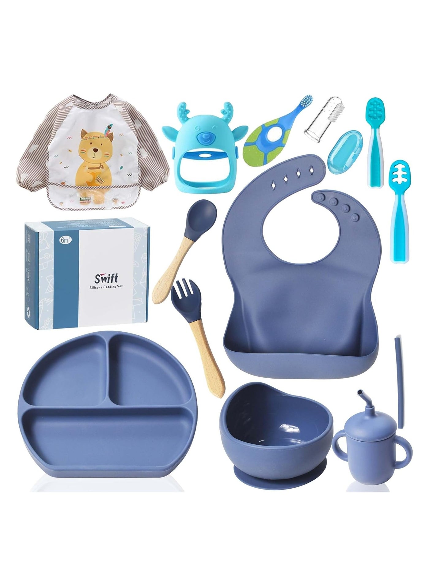 Swift Baby Feeding Set 11-Piece, Baby Led Weaning Utensils Set Includes Suction Bowl and Plate, Baby Spoon and Fork, Sippy Cup with Straw and Lid, Spoon Set Stage 1 and Stage 2, Food Feeder, Gift Pack