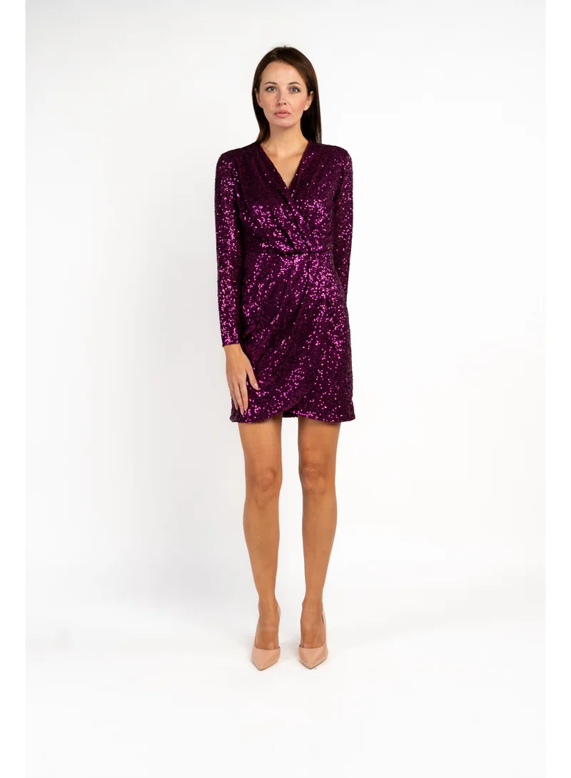 Fashonara  Sequenced Shimmery Draped Long Sleeve Dress in Purple for Women | Best Price UAE