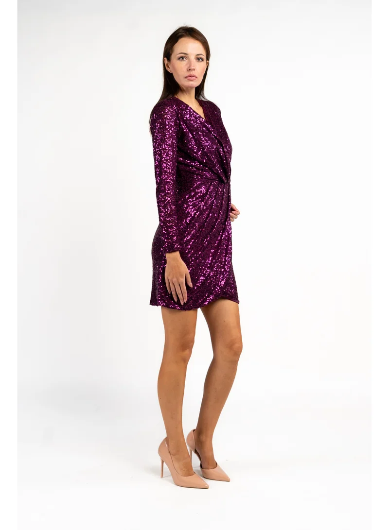 Fashonara Sequenced Shimmery Draped Long Sleeve Dress in Purple