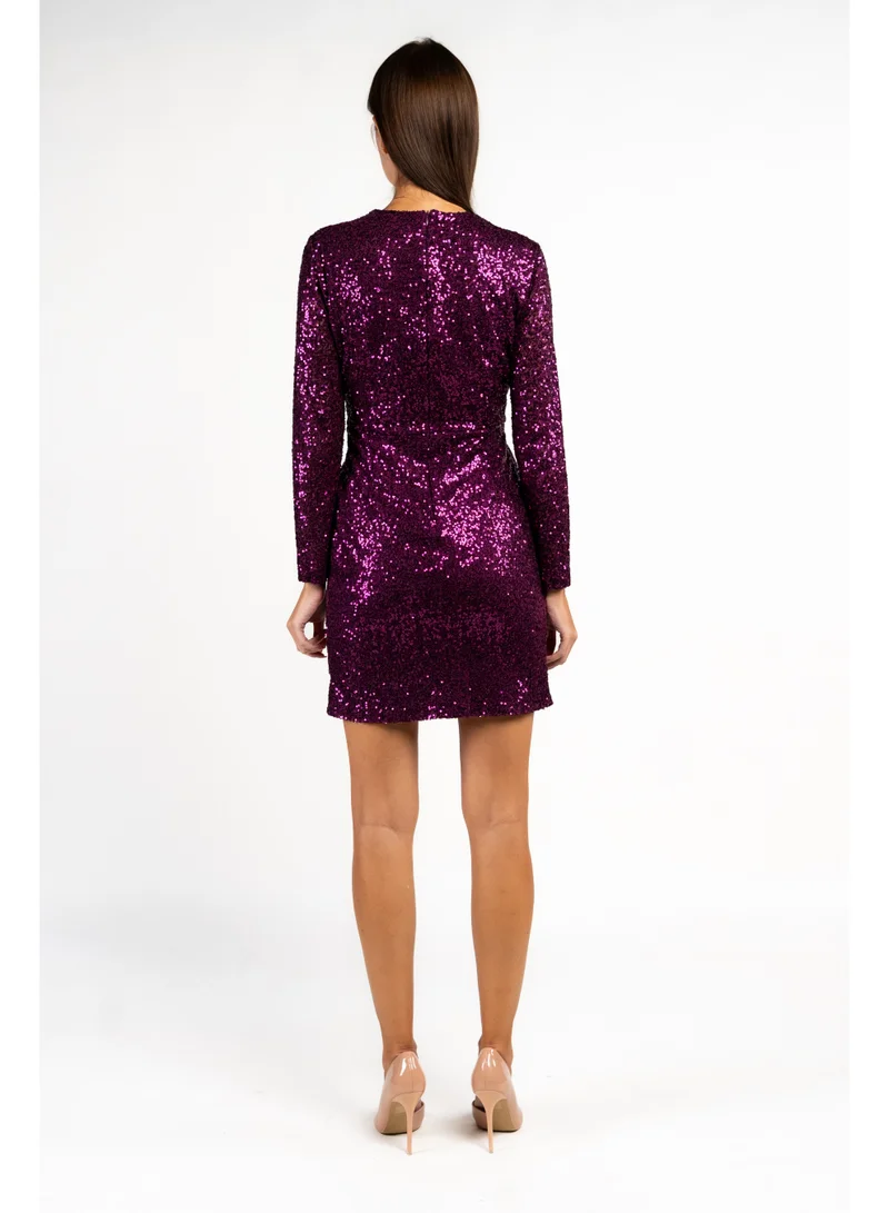 Fashonara  Sequenced Shimmery Draped Long Sleeve Dress in Purple for Women | Best Price UAE