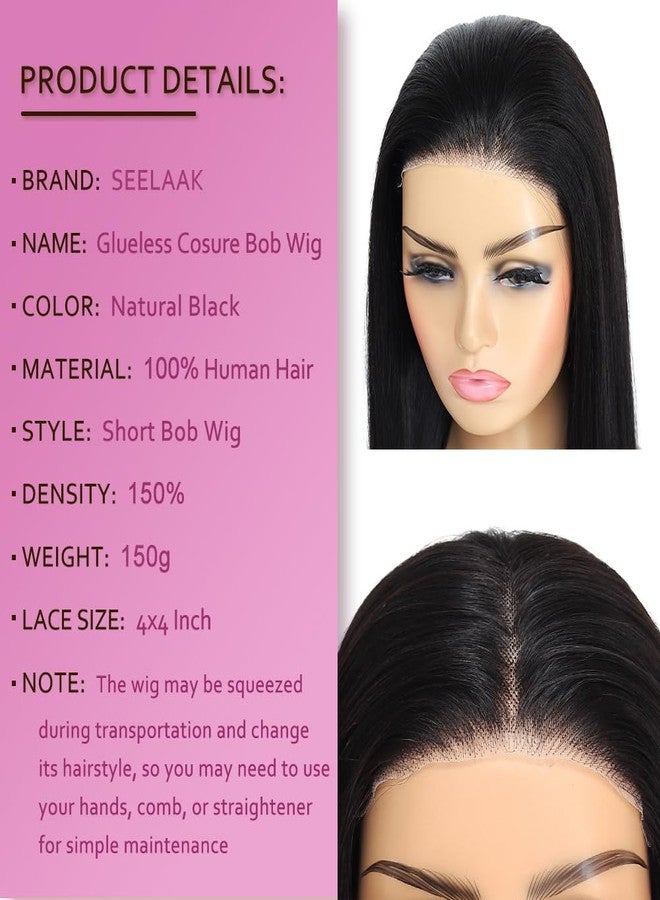 seelaak باروكة بوب بدون لاصق من شعر الإنسان، مقصوصة مسبقًا، قصيرة، مستقيمة، مع لاصق أمامي 4x4، باروكات شعر إنسان للمبتدئين، لون أسود طبيعي، قابلة للتعديل من 22.5 إلى 26 بوصة (8 بوصة) - Image 2