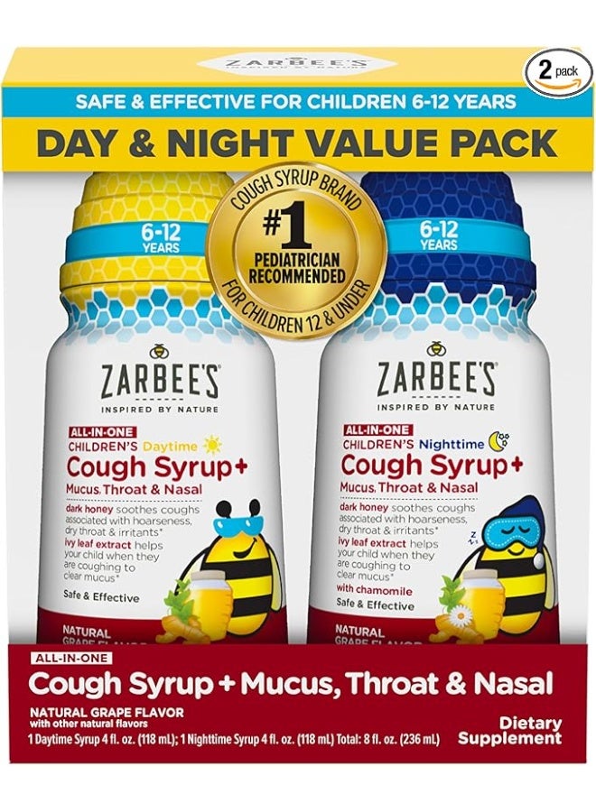 Zarbee's Children's All-in-One Honey Cough Syrup + Mucus, Throat & Nasal Day & Night Value Two Pack for Kids - Image 1