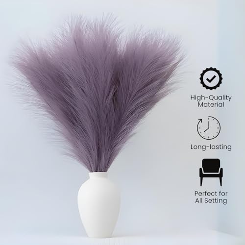 VERVENIX 3-Piece Artificial Pampas Grass | Fluffy Faux Pampas Stems for Home Décor, Office, Festive & Wedding Decoration – Without Vase (Sunset Purple, 3 Stems) - Image 4