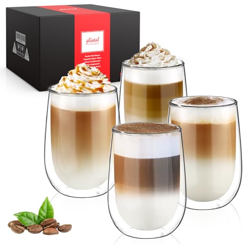 glastal 4x350ml Double Walled Coffee Glasses Mugs Cappuccino Latte Macchiato Glasses Cups for Coffee Tea Milk Juice Ice Cream Borosilicate Heat Resistant Glass Cups