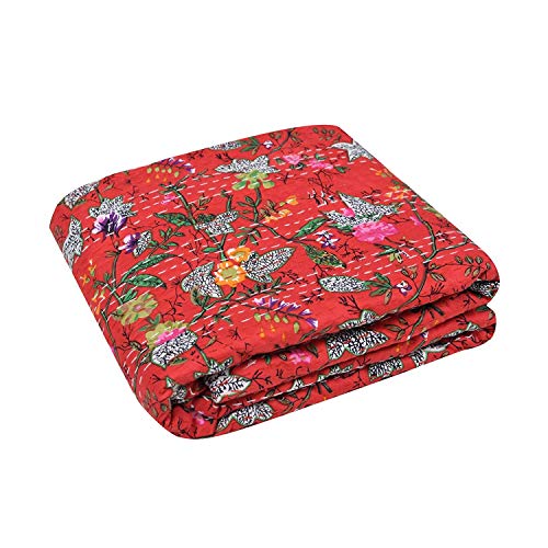 Textile art Kantha Flower Line Designed Dohar Cotton Quilt, Jaipuri Hand Block Print Cotton Kantha Quilt Double Bed (Persian Red) Twin Size Quilt, Multi - Image 2