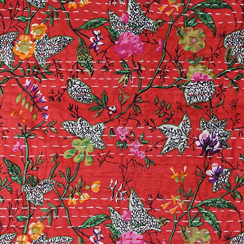 Textile art Kantha Flower Line Designed Dohar Cotton Quilt, Jaipuri Hand Block Print Cotton Kantha Quilt Double Bed (Persian Red) Twin Size Quilt, Multi - Image 5