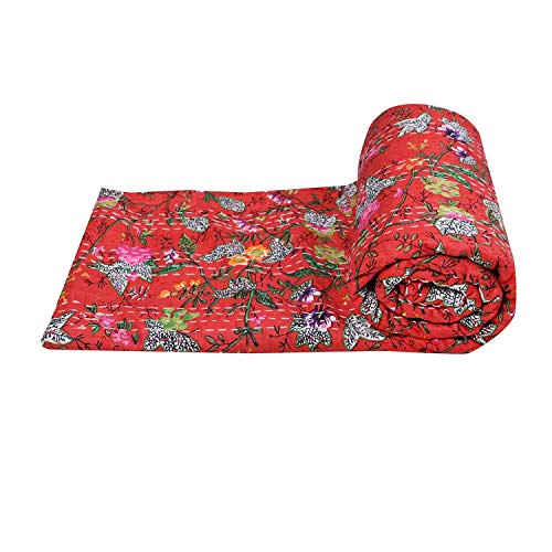 Textile art Kantha Flower Line Designed Dohar Cotton Quilt, Jaipuri Hand Block Print Cotton Kantha Quilt Double Bed (Persian Red) Twin Size Quilt, Multi - Image 4