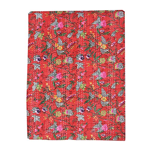 Textile art Kantha Flower Line Designed Dohar Cotton Quilt, Jaipuri Hand Block Print Cotton Kantha Quilt Double Bed (Persian Red) Twin Size Quilt, Multi - Image 3