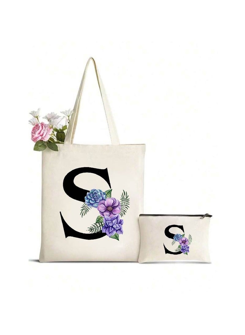 PRINTSHOP4ME Initial Monogrammed Canvas Tote Bag and Matching Makeup Bag Set - Thoughtful Gifts for Women, Teachers, College Students, Bridesmaids, Reusable Grocery Bags, Wedding, Holiday Shopping and Travel - Image 1