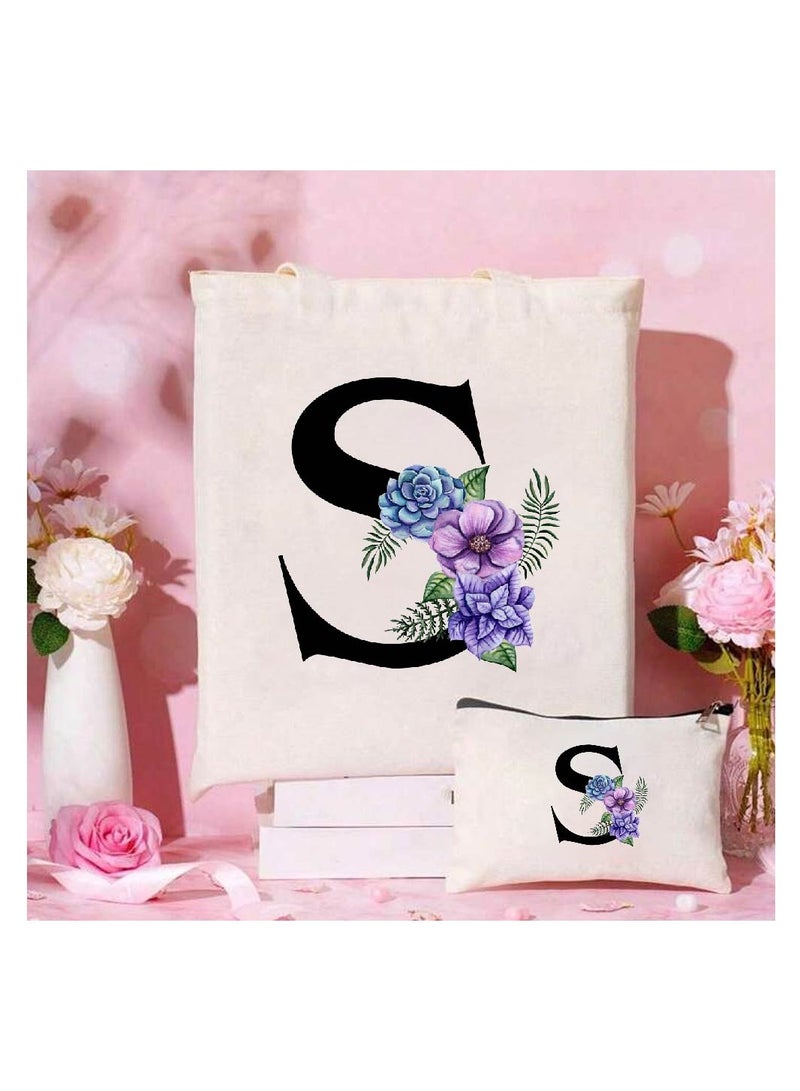 PRINTSHOP4ME Initial Monogrammed Canvas Tote Bag and Matching Makeup Bag Set - Thoughtful Gifts for Women, Teachers, College Students, Bridesmaids, Reusable Grocery Bags, Wedding, Holiday Shopping and Travel - Image 2