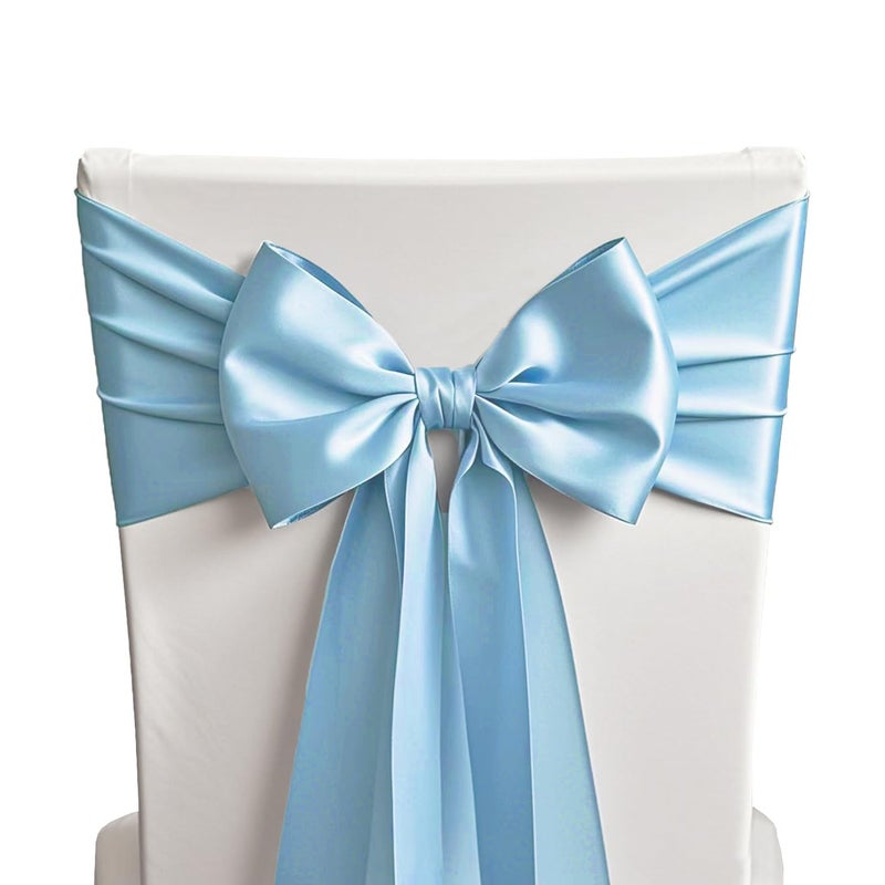 SINSSOWL 50 Baby Blue Chair Sashes Satin Chair Bows for Wedding Birthday Party Fiesta Decor  7x108 Inches Ribbons Ties Fitted Banquets Folding Decorations