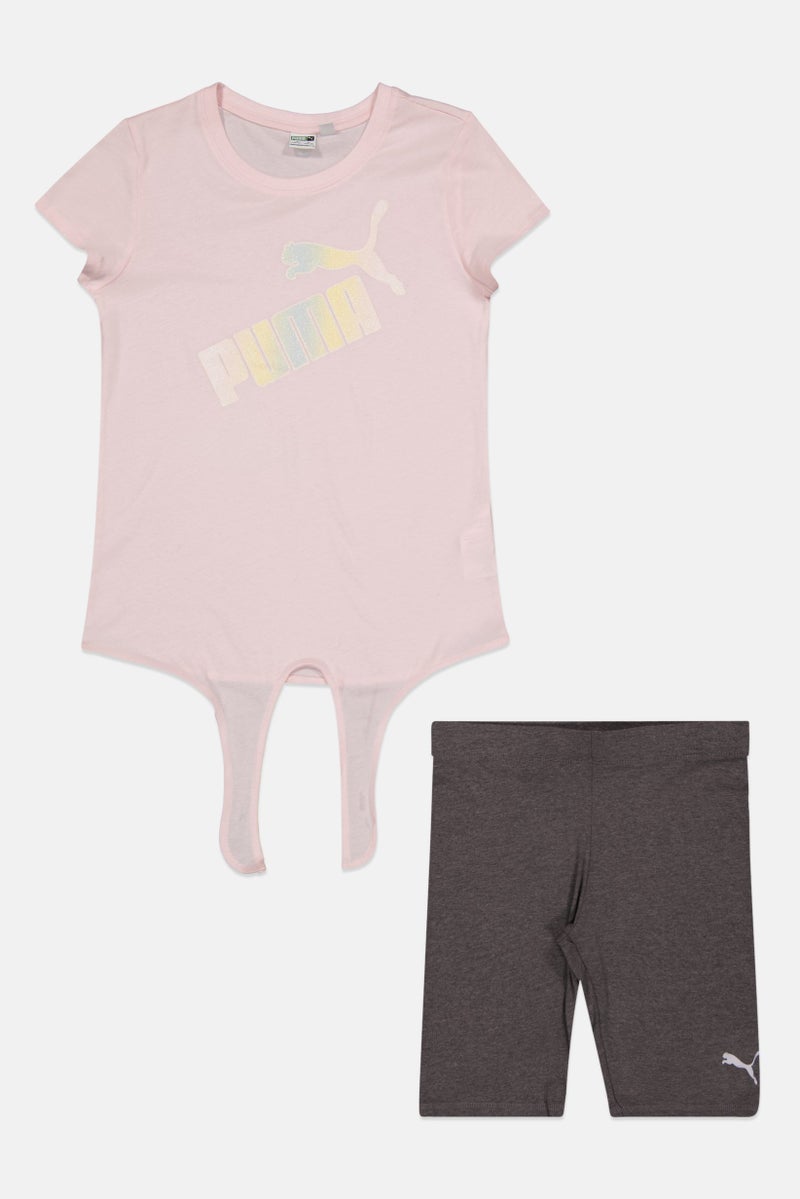 PUMA Kids Girl 2Pcs Brand Logo Top And Pull On Short, Pink Combo  - Image 1