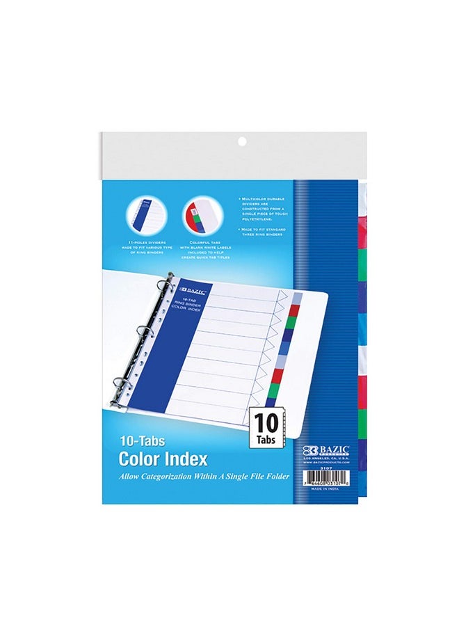 Bazic Products Bazic Binder Dividers W 10 Color Tabs 8. 5 X 11 11 Hole Punch Plastic Index Divider With Tab For 3 Ring Binders (10Pack) 1Pack  - Image 1