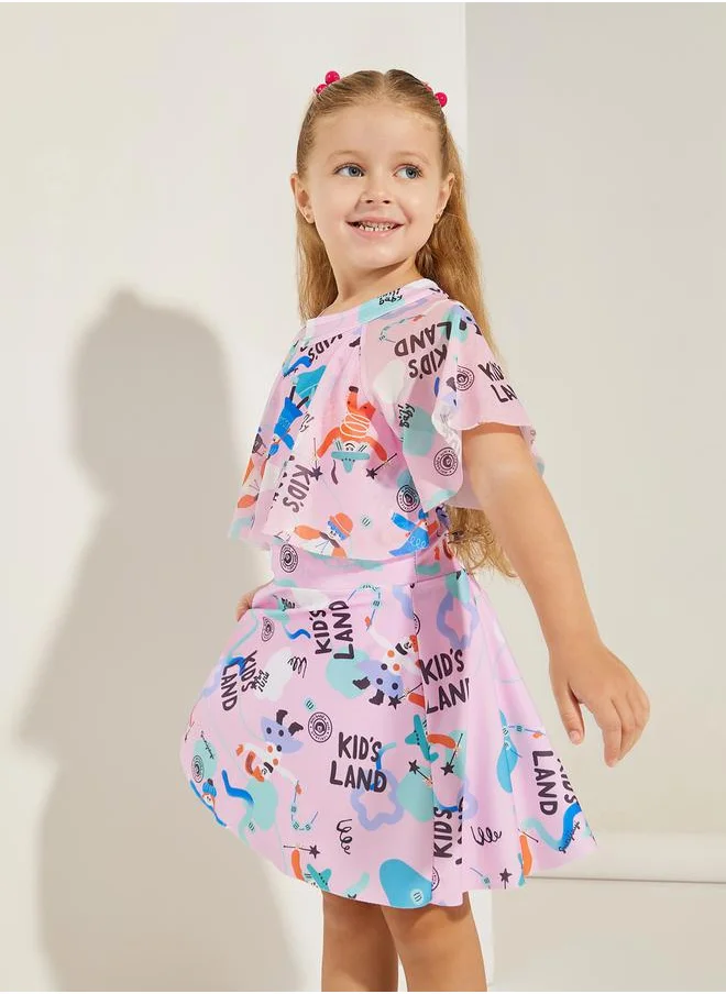 ستايلي Graphic Print Ruffled Dress & Shorts Swim Set
