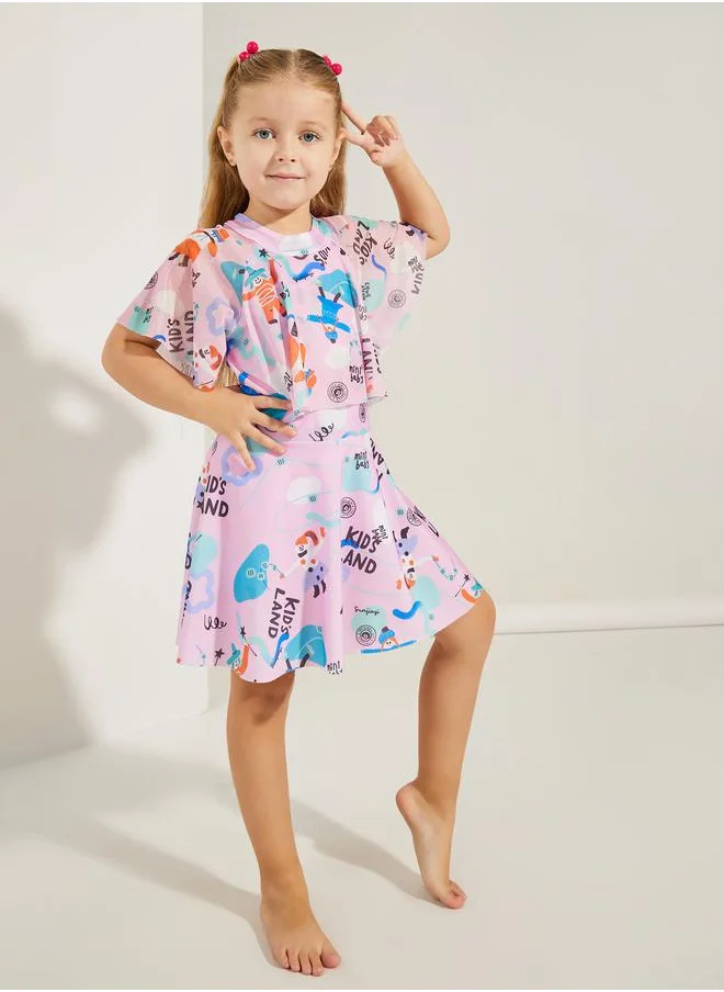 ستايلي Graphic Print Ruffled Dress & Shorts Swim Set