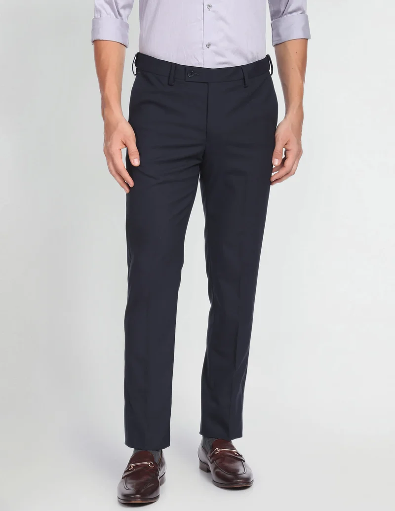 Arrow Navy Regular Fit Solid Formal Trousers for Men | Best Price UAE
