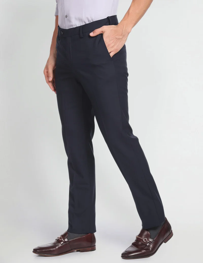 Arrow Navy Regular Fit Solid Formal Trousers for Men | Best Price UAE