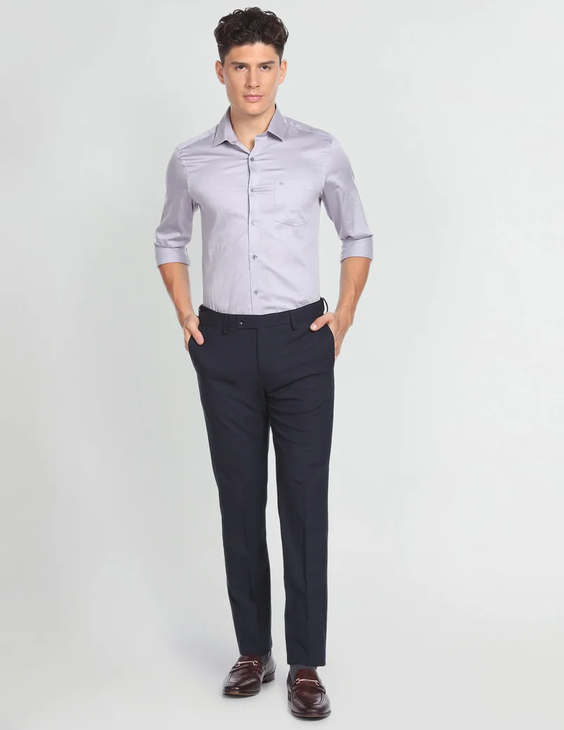 Arrow Navy Regular Fit Solid Formal Trousers for Men | Best Price UAE