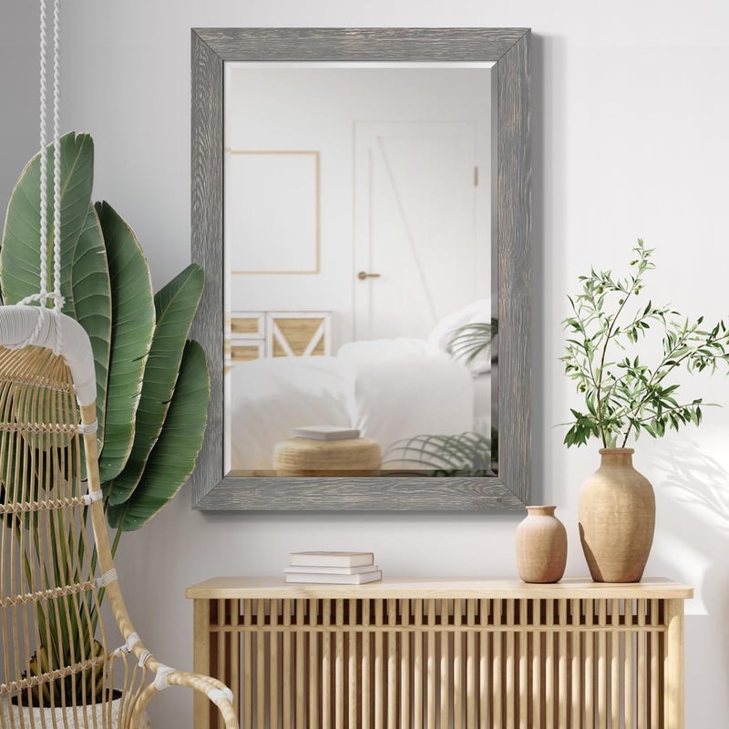 Renditions Gallery Horizontal Gray Wood Frame Vanity Body Mirror Rustic Farmhouse Rectangular Decorative Wall Mounted Aesthetic Mirror for Bedroom Living Room Bathroom - 41"x29" LT07 - Image 5