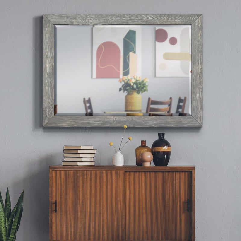 Renditions Gallery Horizontal Gray Wood Frame Vanity Body Mirror Rustic Farmhouse Rectangular Decorative Wall Mounted Aesthetic Mirror for Bedroom Living Room Bathroom - 41"x29" LT07 - Image 2