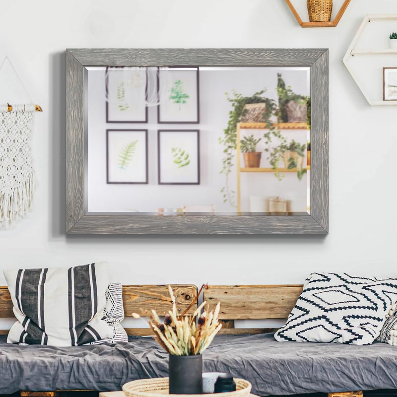 Renditions Gallery Horizontal Gray Wood Frame Vanity Body Mirror Rustic Farmhouse Rectangular Decorative Wall Mounted Aesthetic Mirror for Bedroom Living Room Bathroom - 41"x29" LT07 - Image 4