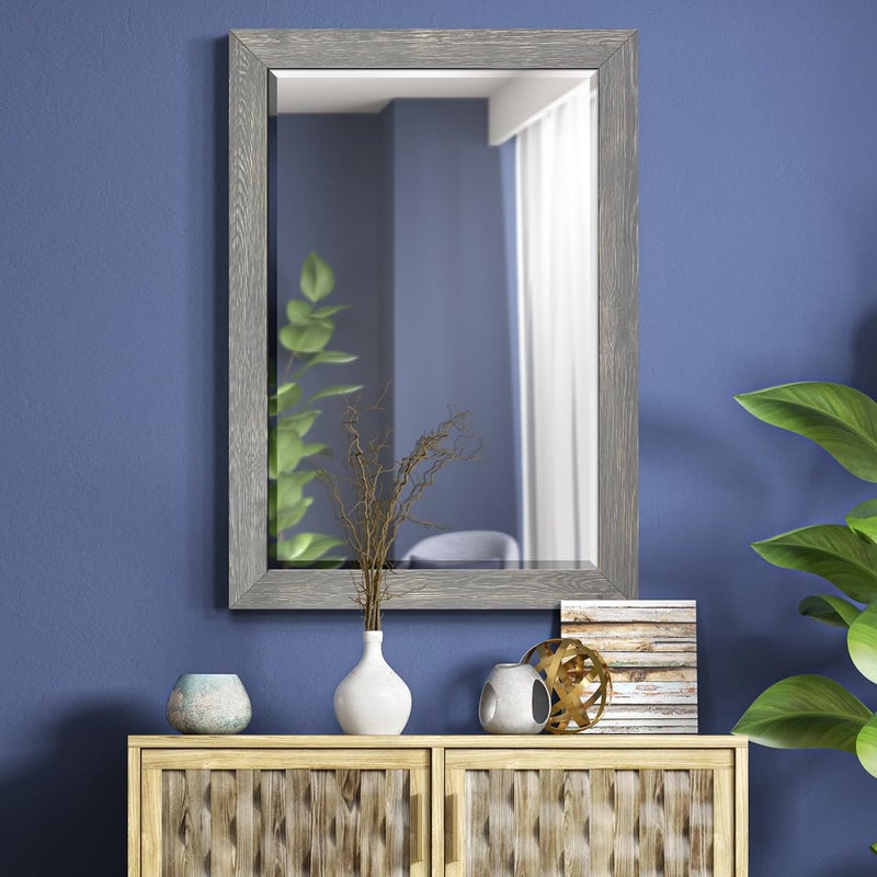 Renditions Gallery Horizontal Gray Wood Frame Vanity Body Mirror Rustic Farmhouse Rectangular Decorative Wall Mounted Aesthetic Mirror for Bedroom Living Room Bathroom - 41"x29" LT07 - Image 3