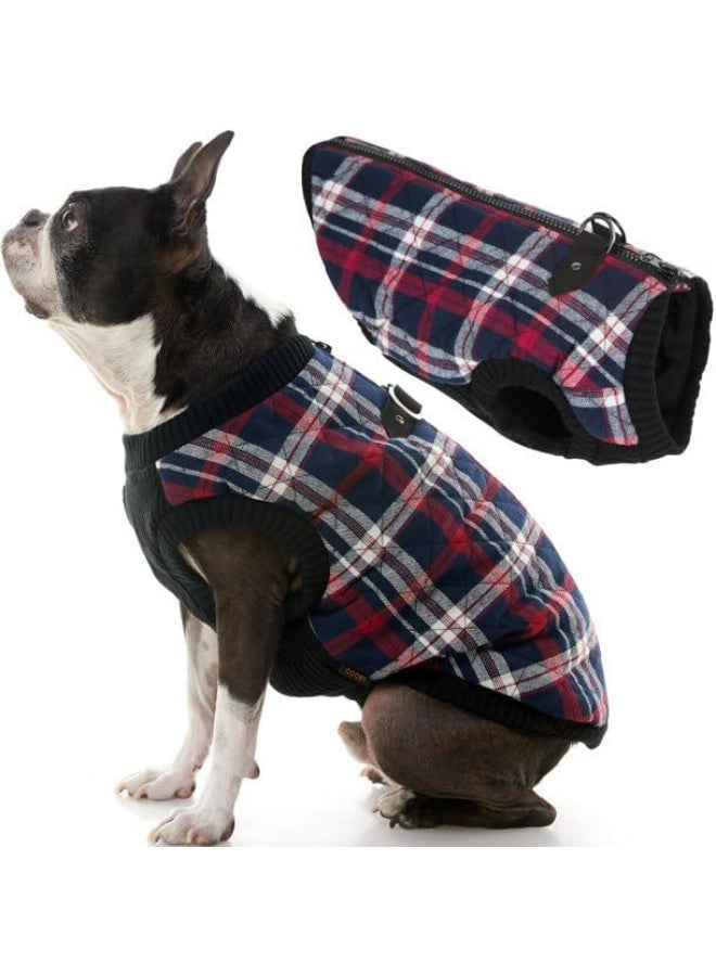 Navy & Red Plaid Dog Bomber Vest Jacket – Zip-Up Winter Quilted Design with Dual D-Rings