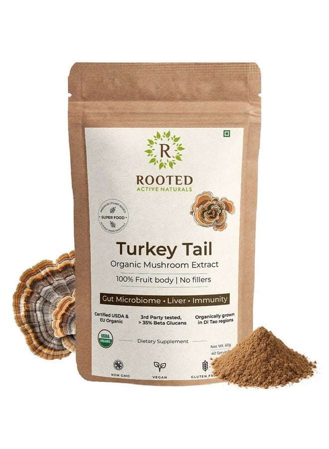 Rooted Active's Turkey Tail Organic Mushroom Powder Pouch, 45 Grams, 30 Servings, Immune Support, Ayurveda Nootropic Supplement, Beta-Glucans, Gut Health & Holistic Defense Mushroom Supplement - Image 1