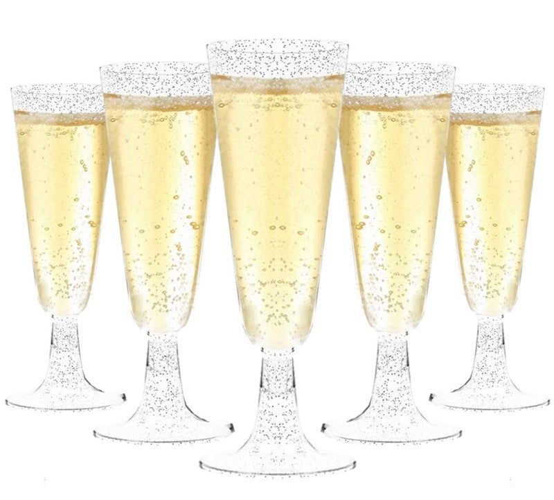 LATERN 50Pcs Silver Glitter Champagne Flutes 150ml Plastic Champagne Glasses Reusable Stemmed Party Wine Cups for Garden Wedding Anniversary Shower Parties 55 x 165cm