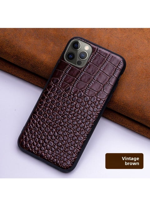 For Iphone 13Pro Genuine Leather Phone Case For Iphone 12 Up-and-Down Pattern XSMax678P Drop-Resistant Protective Leather Case-Color:Retro Brown-Applicable Model:For AppleXS