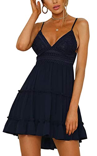 ECOWISH Womens V-Neck Spaghetti Strap Bowknot Backless Sleeveless Lace Mini Swing Skater Dress Navy Blue-1 Large - Image 1