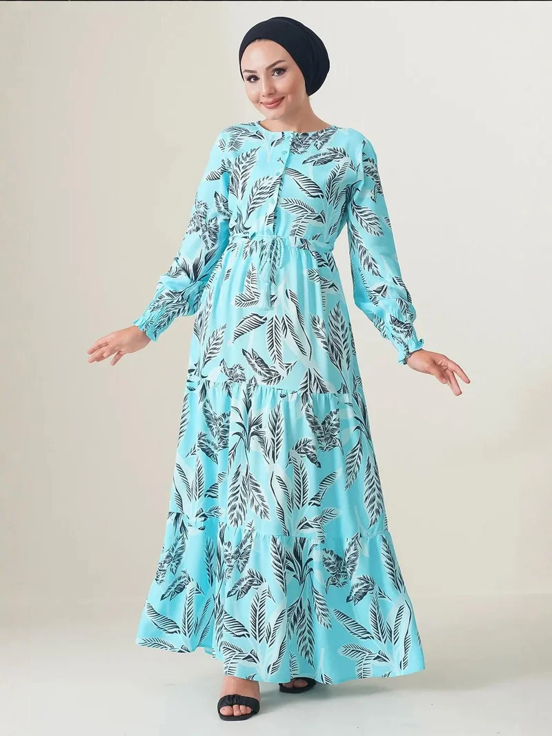 بيغ دارت فستان ماكسي مزين بالزهور بياقة دائرية وإغلاق بأزرار