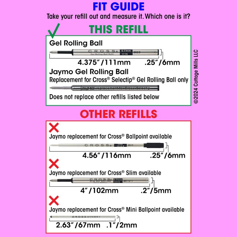 Jaymo Replacement for Cross Selectip 8521 - Measures 4.375 in / 111 mm Long - Gel Rolling Ball Pen Refill - 2 Blue - Image 4