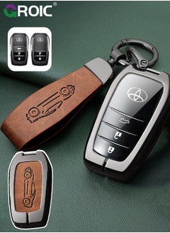 GROIC For Toyota Key Fob Cover with Genuine Leather Keychain, Zinc Alloy Car Key Shell Case for Grand Highlander Hilux Tundra Tacoma Full Cover Protection Smart Remote Car Key Holder Key Cove (B)  - Image 1