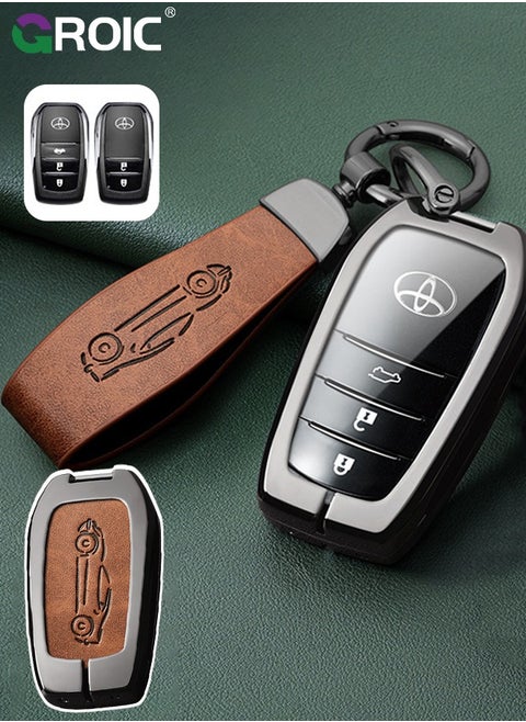 For Toyota Key Fob Cover with Genuine Leather Keychain, Zinc Alloy Car Key Shell Case for Grand Highlander Hilux Tundra Tacoma Full Cover Protection Smart Remote Car Key Holder Key Cove (B)