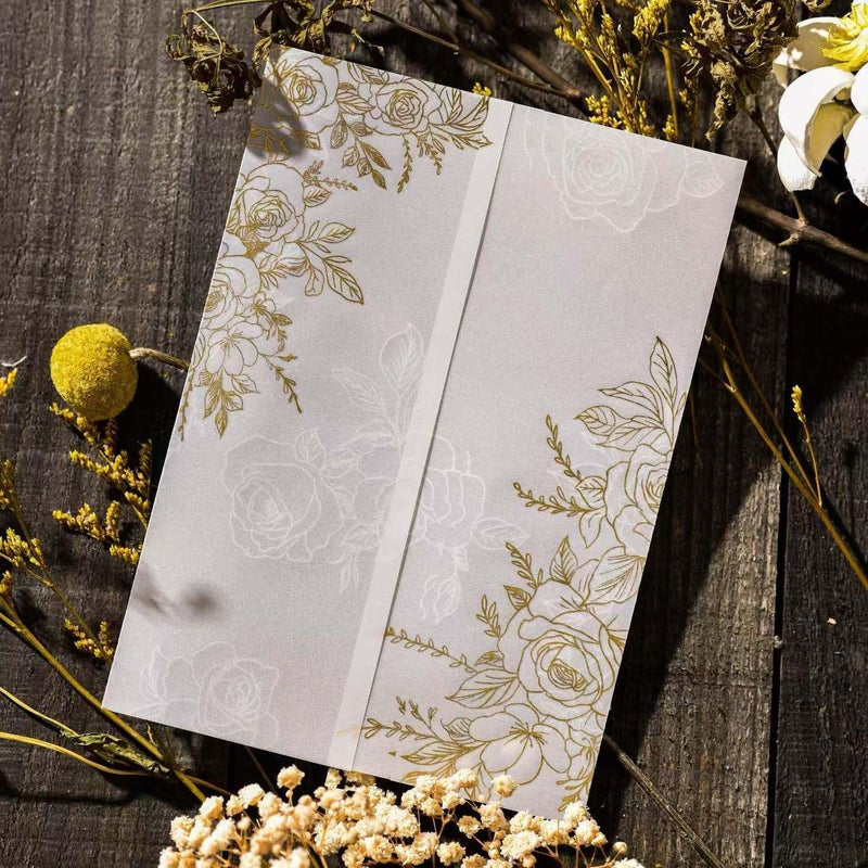 Puremigo 50 Pack Pre-Folded Vellum Jackets for 5x7 Invitations - Gold Foil Pattern - 115GSM Vellum Paper 5x7 Jackets - Vellum Wedding Invitations Wraps - Transparent Wedding Invitations Jacket - Image 1